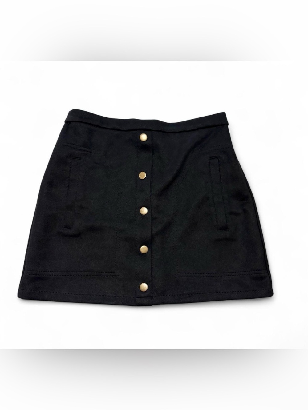 Faux Suede Button-Front Mini Skirt with Pockets Black, Size S